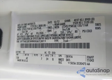 2013 Ford E-250 Commercial z USA, uszkodzony, nr VIN 1FTNE2EW6DDA13611